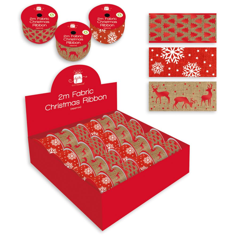 Christmas Wide Fabric Ribbon 3 Designs - 1 X 2Mtrs