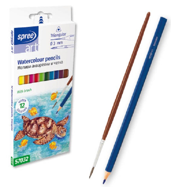 Triangular Watercolor Pencils - x12 Colors with Brush