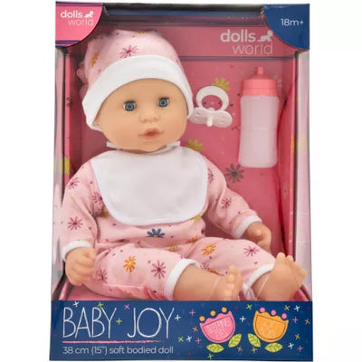 Dolls World Baby Joy Soft Bodied Doll 38cm Pink Floral Romper