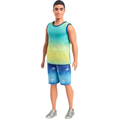 Barbie Fashionistas Ken Doll  with Black Hair, Wearing Blue Sleeveless Shirt, Shorts and Sneakers