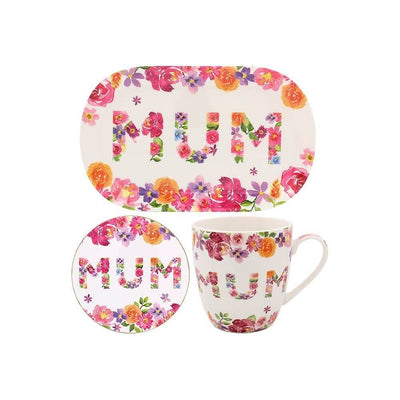 Mum Floral Garland Fine China Mug Coaster & Tray Set