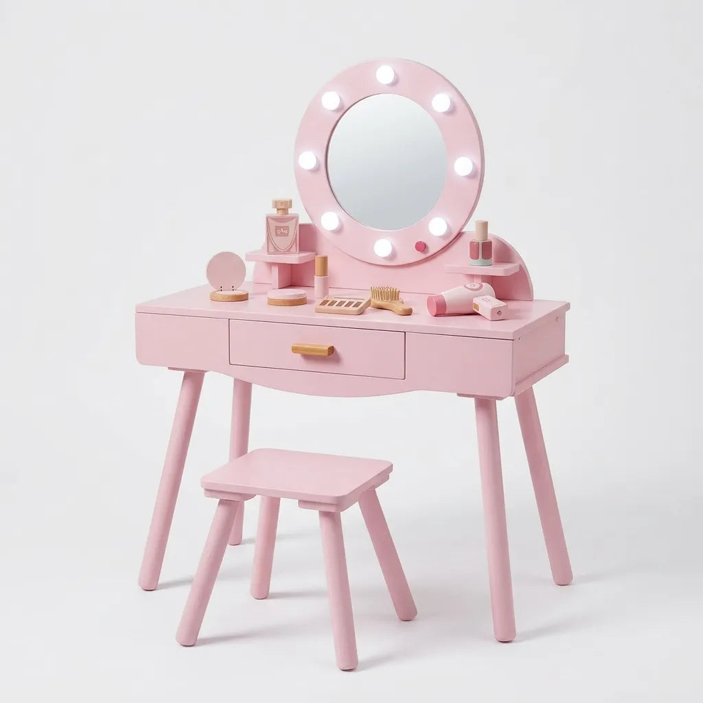 Wooden Vanity Table with Lights - Pink