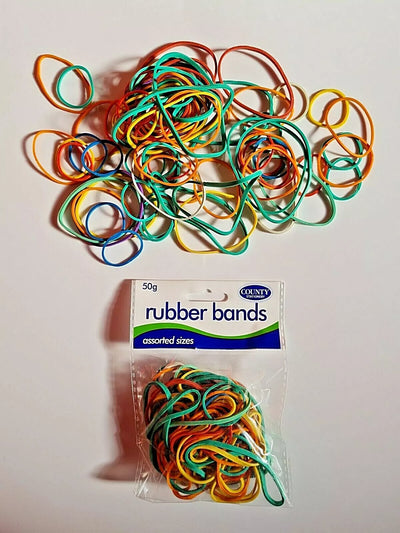 Coloured Rubber Bands Assorted Sizes 50Gr