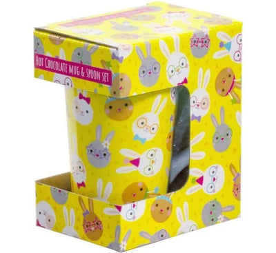 EASTER BUNNIES BRIGHT CERAMIC HOT CHOCOLATE MUG WITH SPOON
