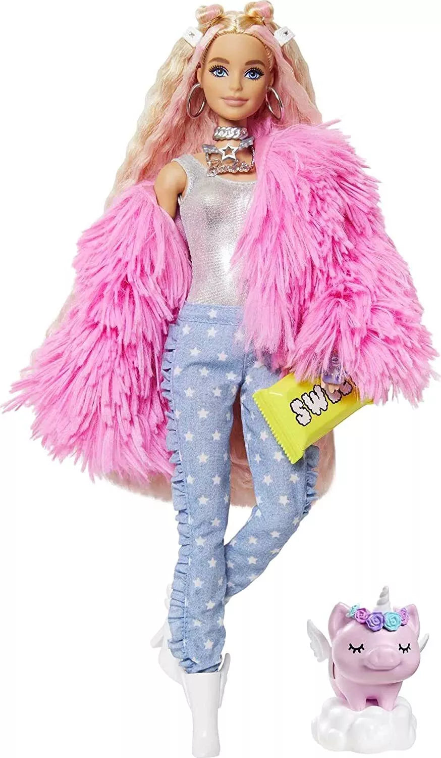 Barbie Extra Doll In Pink Fluffy Coat With Unicorn-Pig 