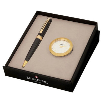 Sheaffer 300 G9325 Ballpoint Pen with Gold Plated Table Clock Gift Set, Glossy Black with Gold Tone Trims