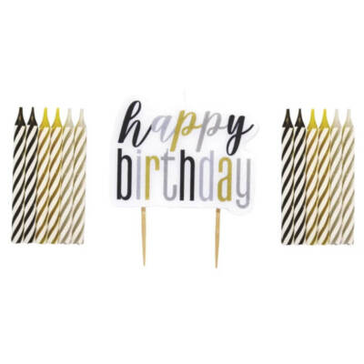 Black Gold Striped Spiral Candles & Happy Birthday 13 pcs