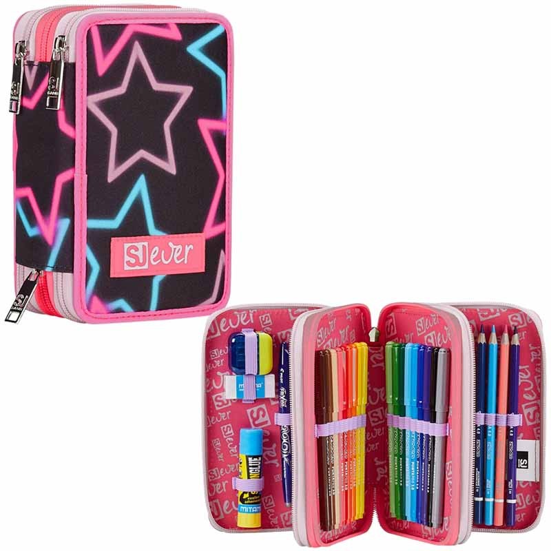 Seven 3 Zip Large Filled Star Shaped Girl Pencil Case 45Pcs