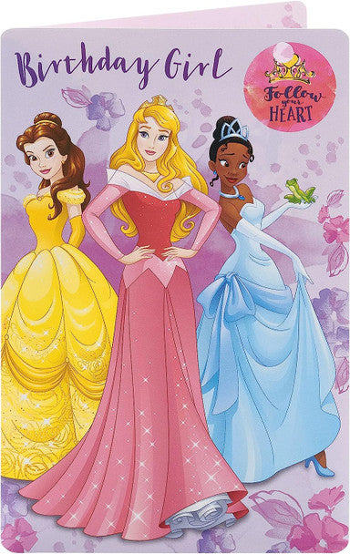 Disney Princess Birthday Card With Badge - Belle, Aurora & Tiana 