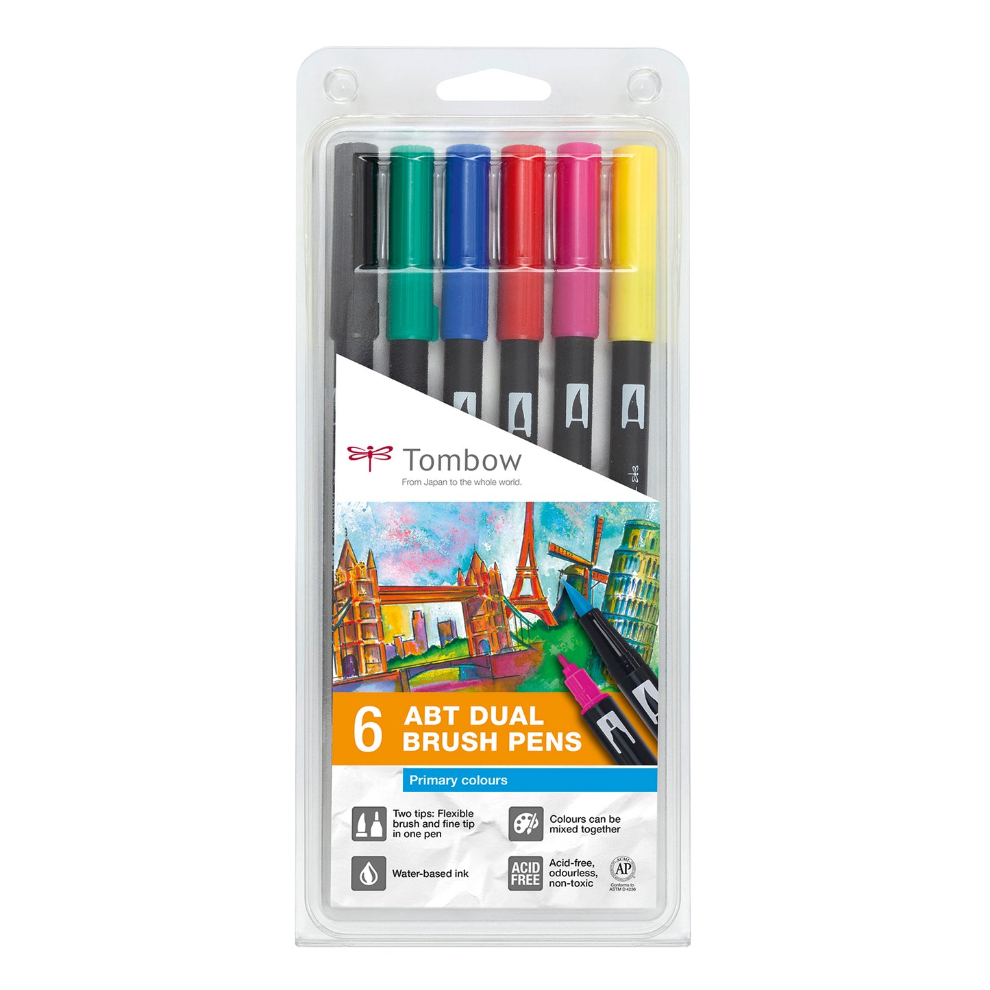 Tombow Dual Brush Pens Set Of 6Pcs - Primary Colours