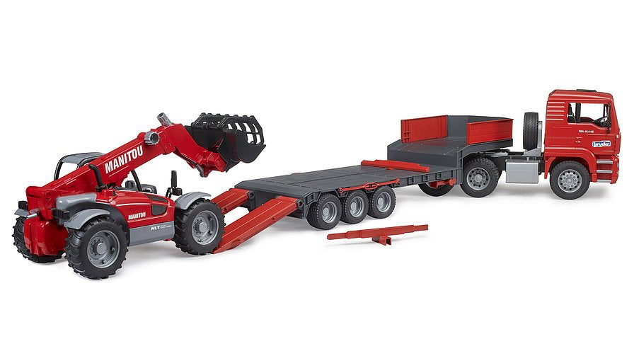 Bruder Truck With Low Loader Trailer And Manitou Telehandler