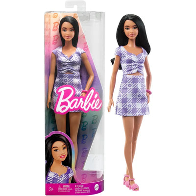 Barbie Fashionista Doll Black Hair Purple Gingham Dress