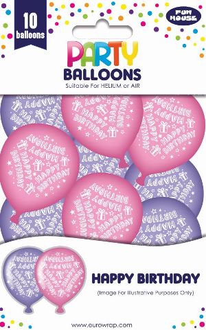 Pink And Purple Balloons X10Psc Printed Happy Birthday