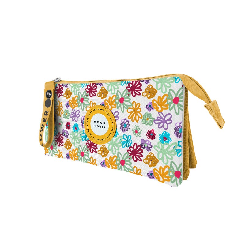 Moon Flower 2 Zip 3 Pockets Pencil Case