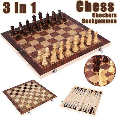 Chess - Checkers - Backgammon 3 In 1 Wooden Game
