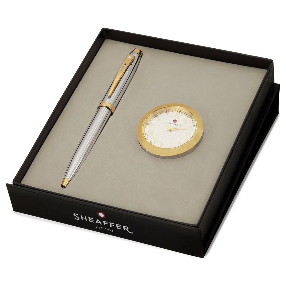 Sheaffer Giftset Balpen Brushed Chrome With Gold Trim - Table Clock
